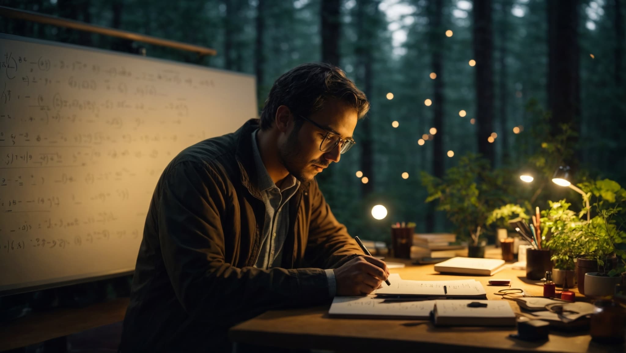 Robot in a forest working on mathematical modelling problems.